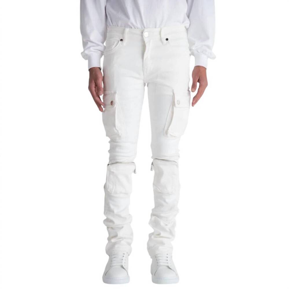 NEW PHEELINGS men's never look back cargo flare stack denim jean in white
